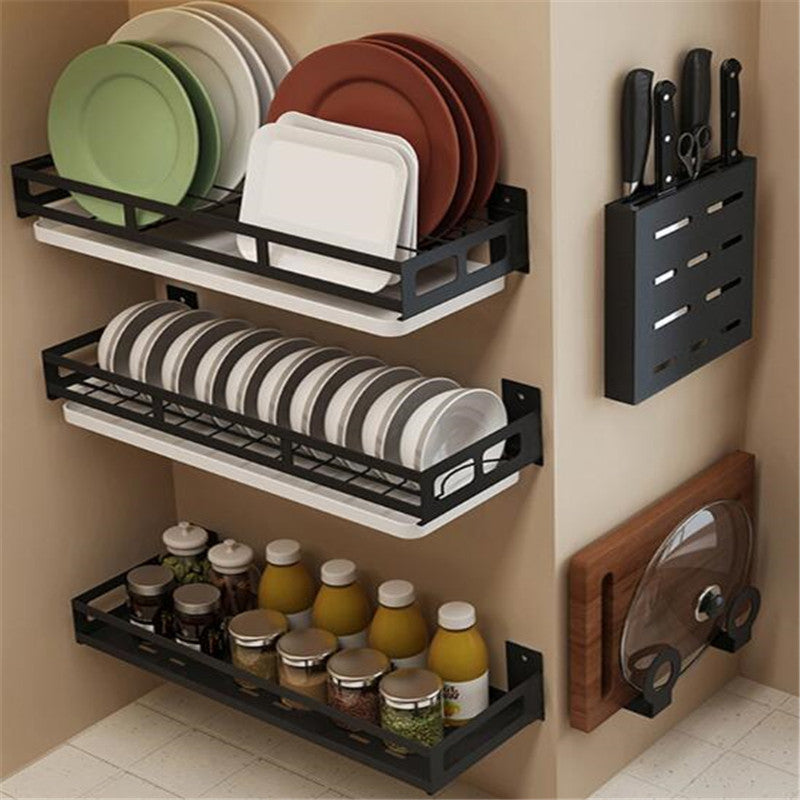 Organizador de Cocina y Almacenamiento - Estante Escurridor de Platos Negro con Espacio para Cuchillos y Esquina