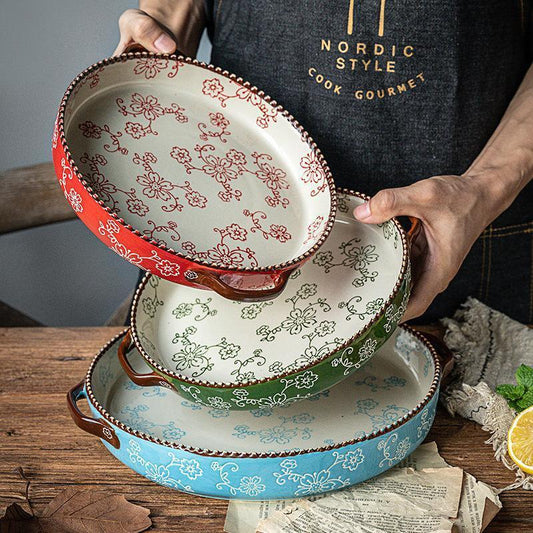 Bandeja para Hornear de Cerámica Pintada a Mano con Estilo Japonés y Flores de Cerezo