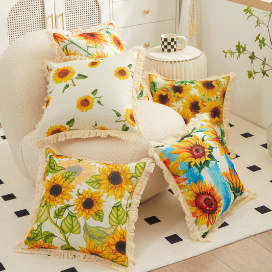 Funda de Almohada de Lino con Flecos y Estampado de Girasoles