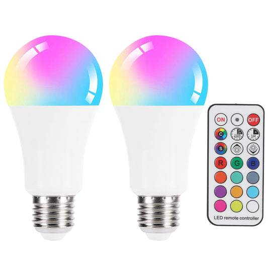 Set de 2 Bombillas LED E27 RGB con Control Remoto y Modo de Temporizador